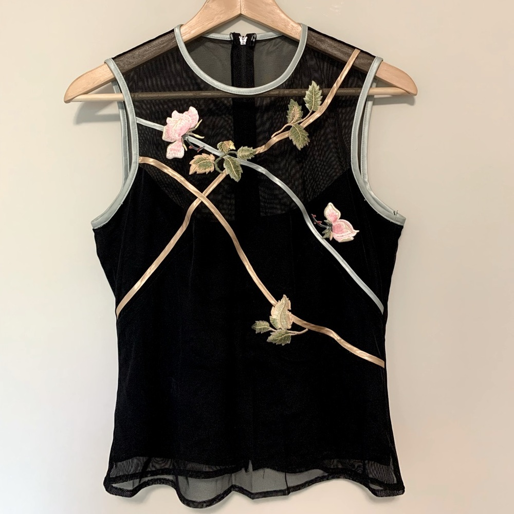 Vintage Joseph Ribkoff mesh and floral appliqué tank top